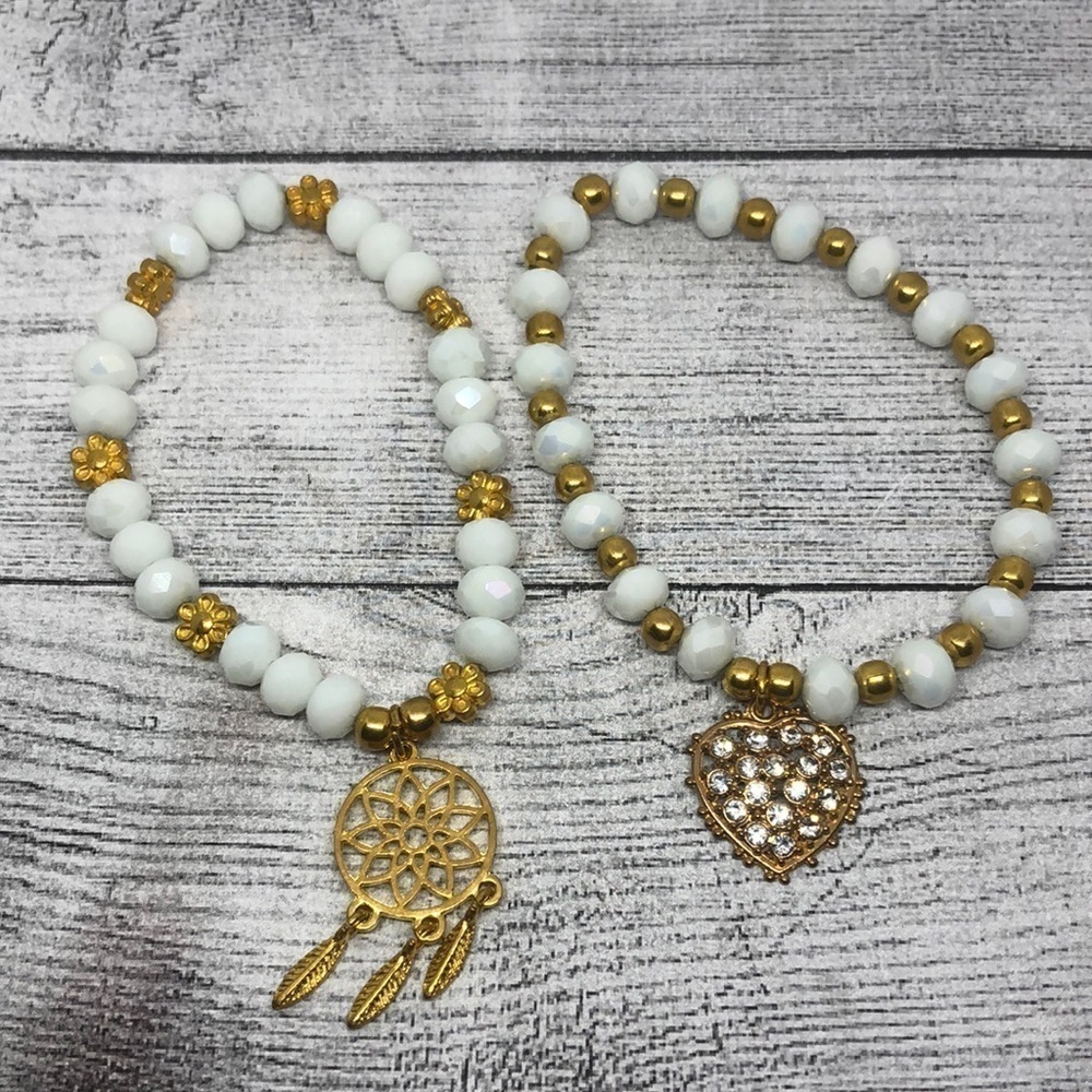 WHITE crystal or stone heart dreamcatcher charm layer stackable bracelets boho.